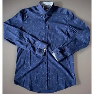 Guide London Long Sleeve Button Up Shirt Blue All Over AOP Geometric Medium JBHS